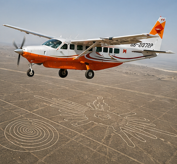 Grand Caravan aircraft flying above desert lines