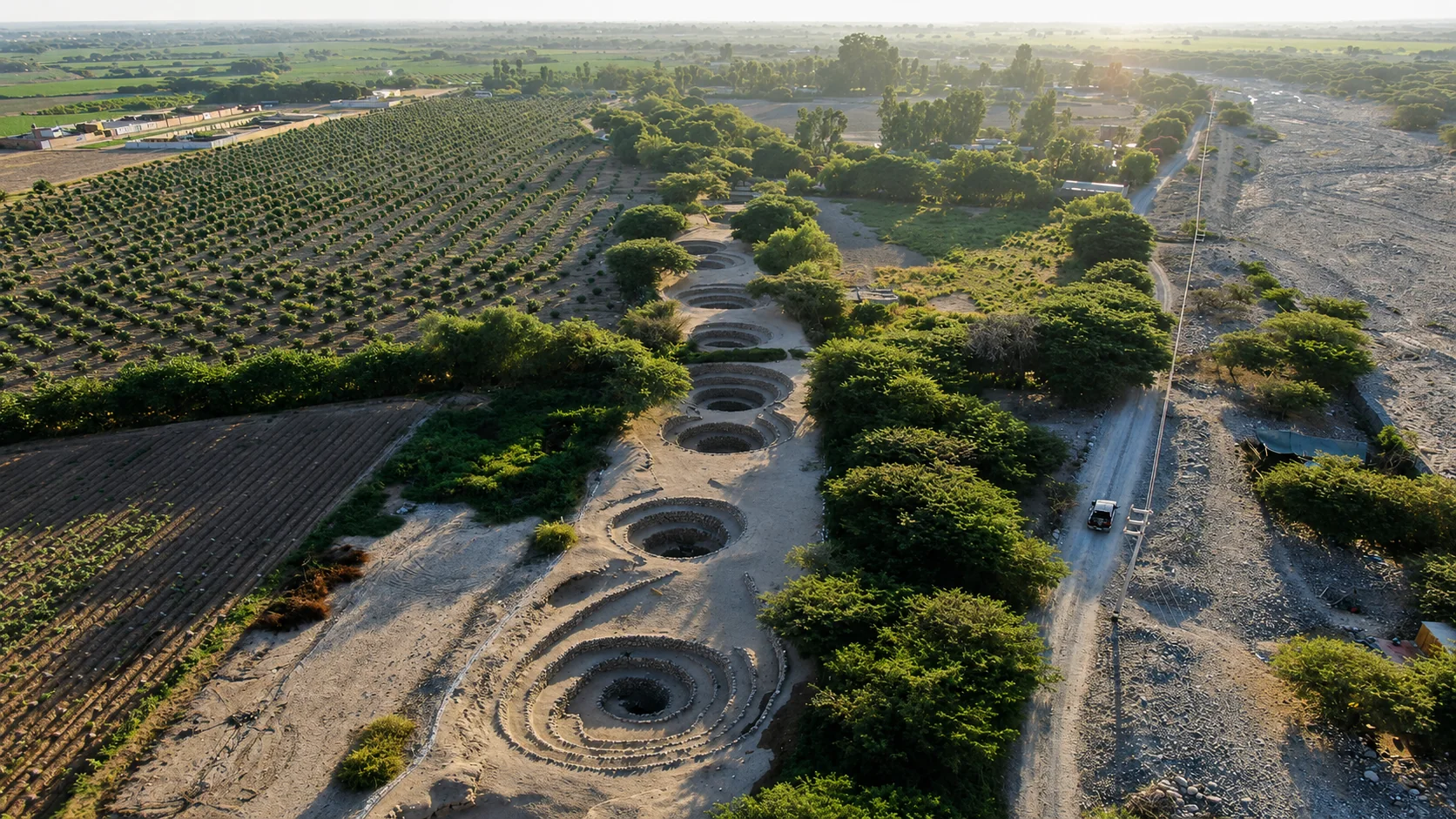 Aerial route over the Nazca desert and ancient aqueducts