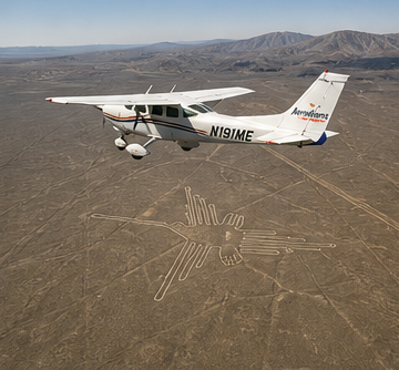 Small aircraft flying over the Nazca Lines hummingbird geoglyph