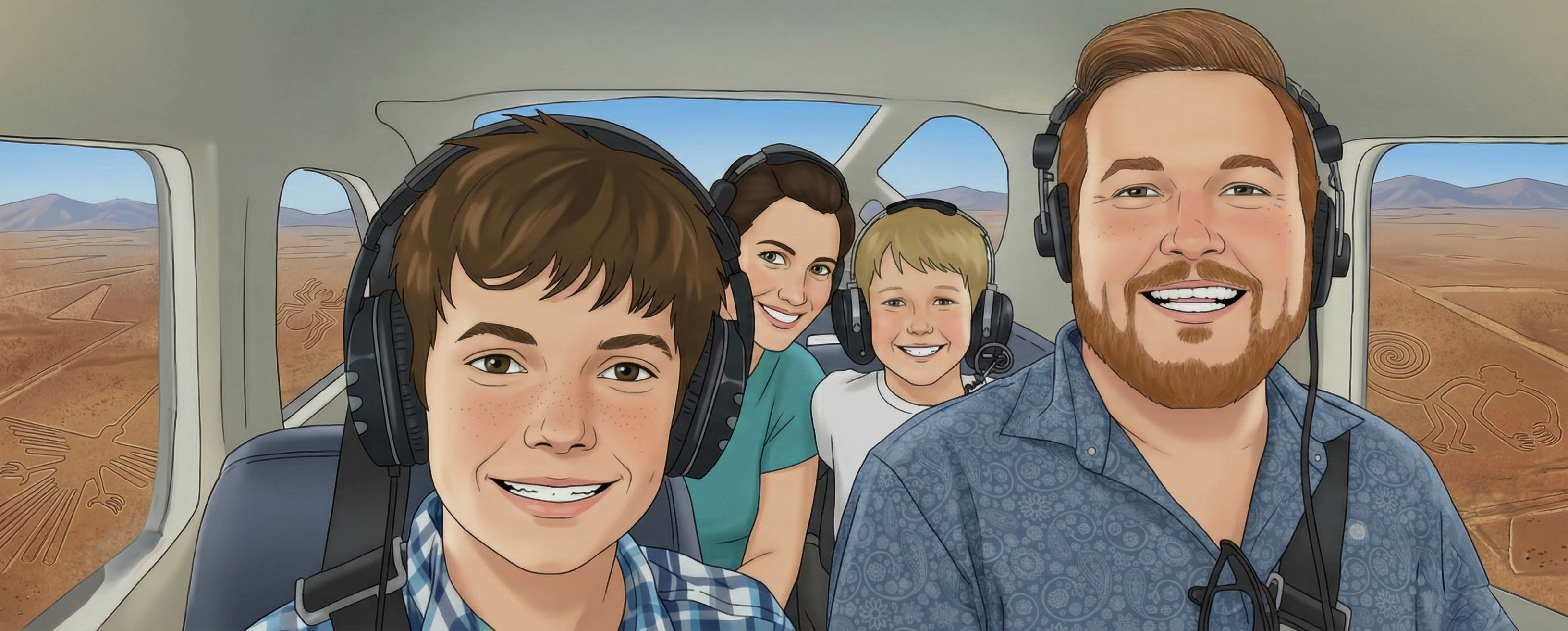 Family passengers inside an aircraft over the Nazca Lines
