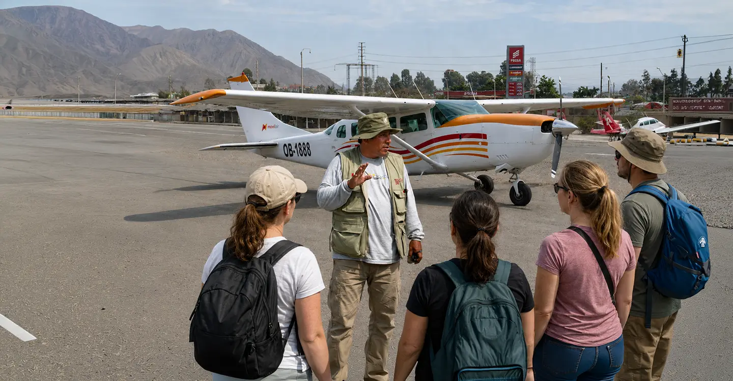 Guide helping travelers before a Nazca Lines flight