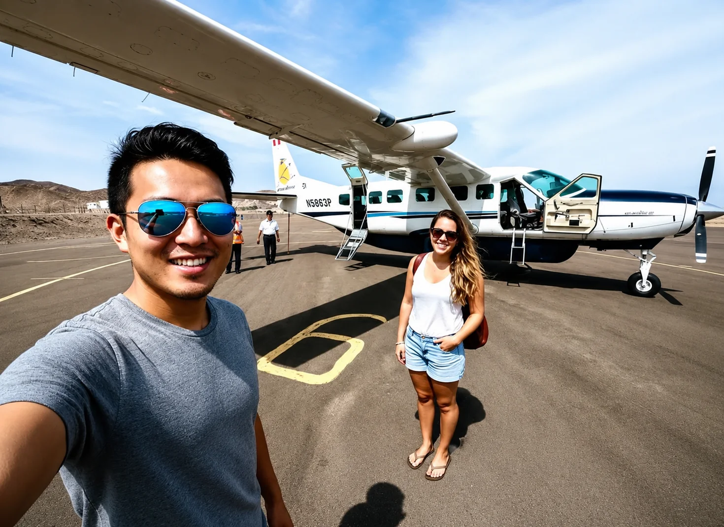 Travelers standing near a Nazca Flights aircraft before a flight