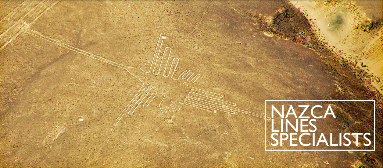 Aerial view of a Nazca Lines geoglyph with Nazca Lines Specialists text